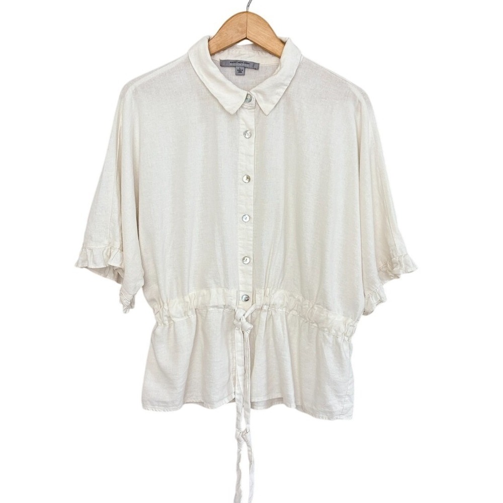 Marc New York Andrew Marc button up Linen shirt Abalone Buttons Ruffle Tie Large